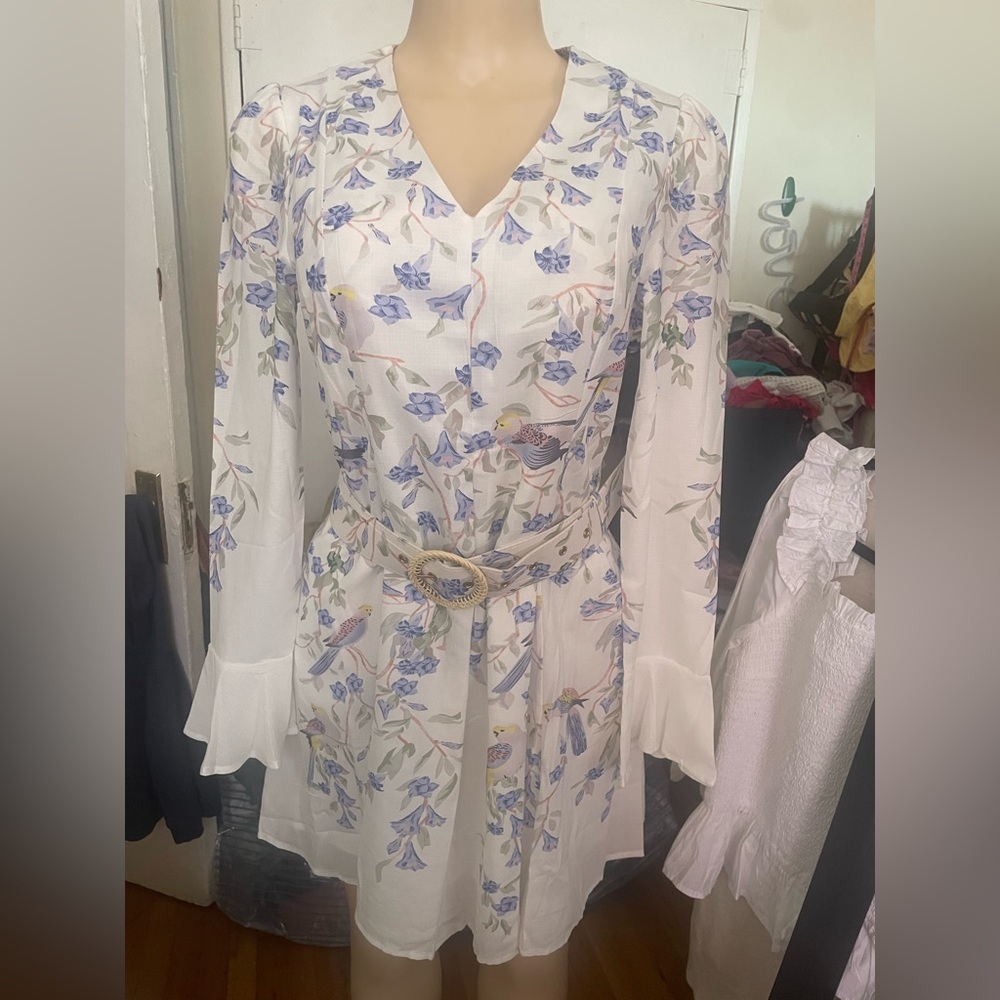 Floral White Dress with Belt